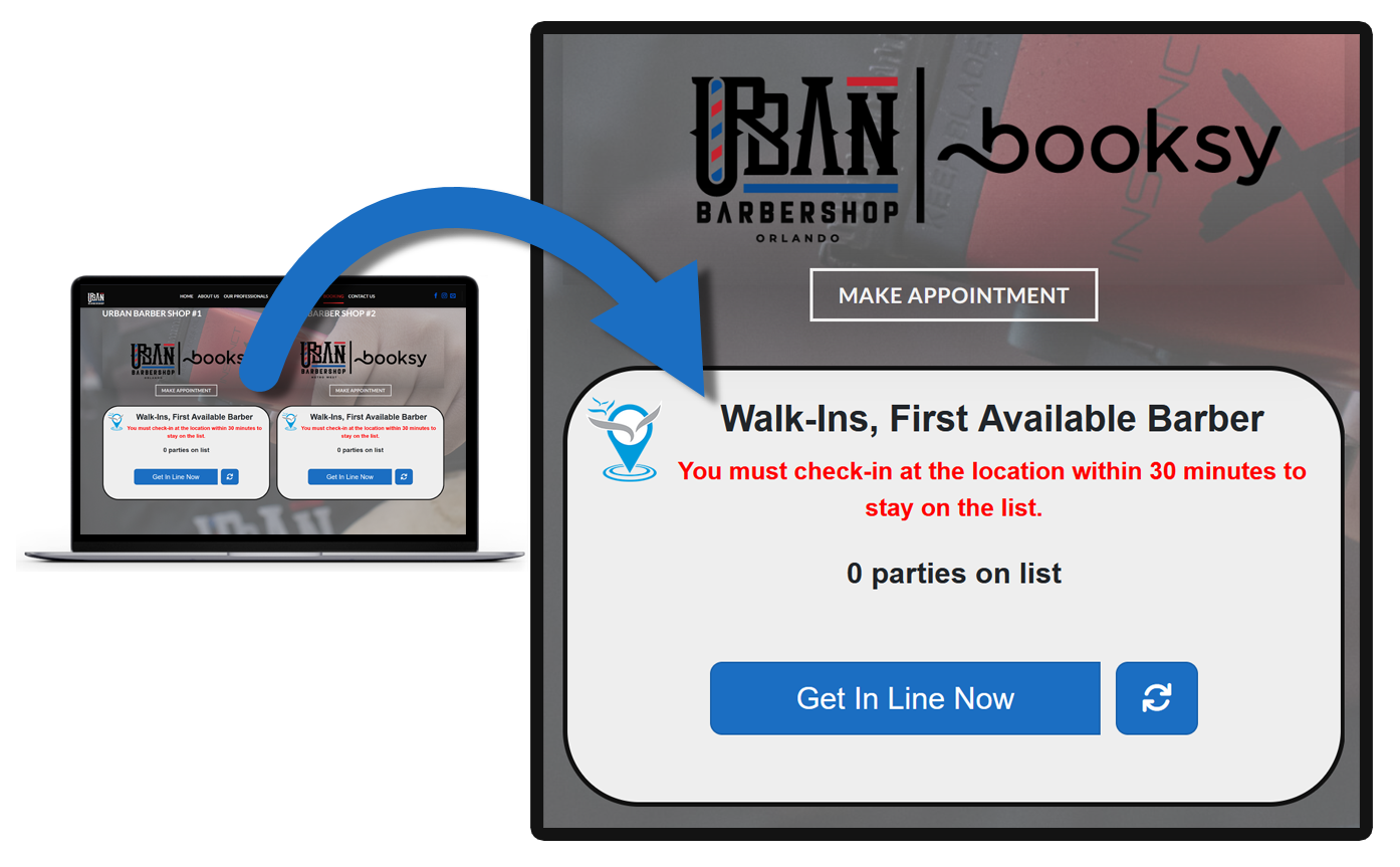 Website image of Urban Barbershop highlighting that they take appointments and walk-ins.