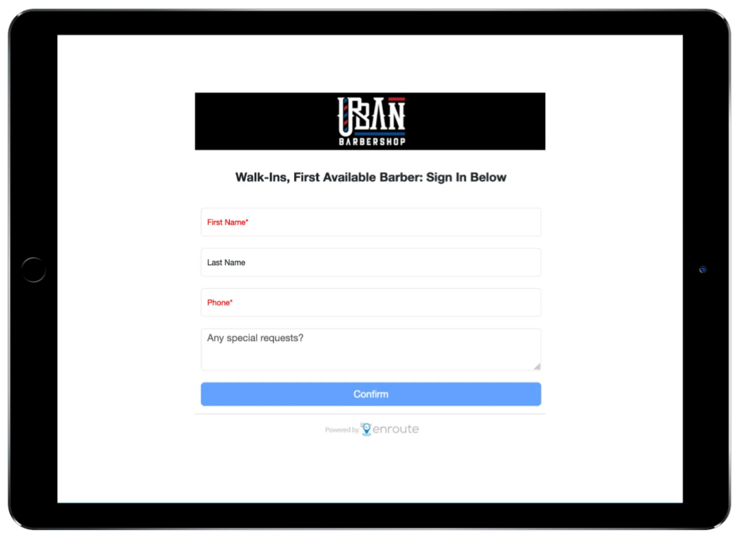 Urban Barbershop kiosk check-in landscape view.