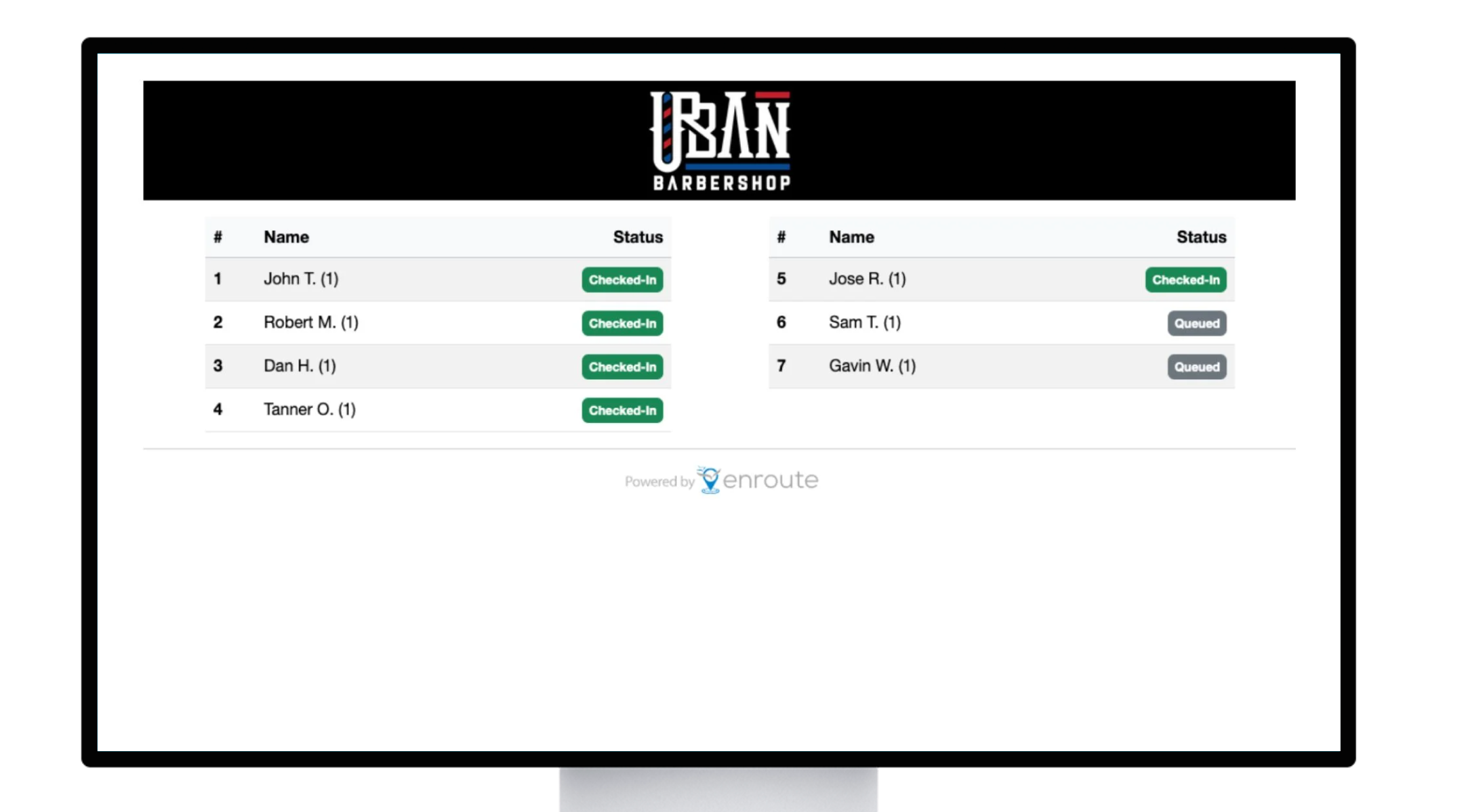 Mockup image of checked-in customer list on TV screen.