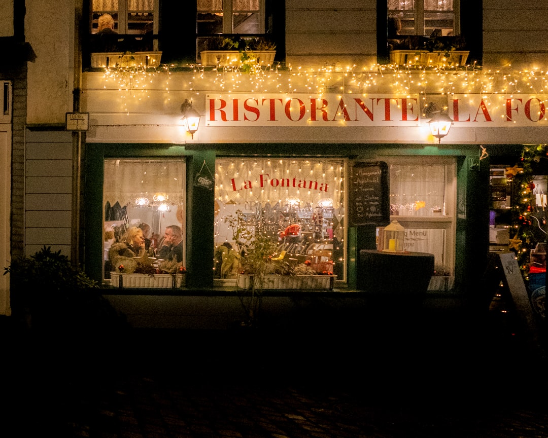 A cozy restaurant is decorated with christmas lights.