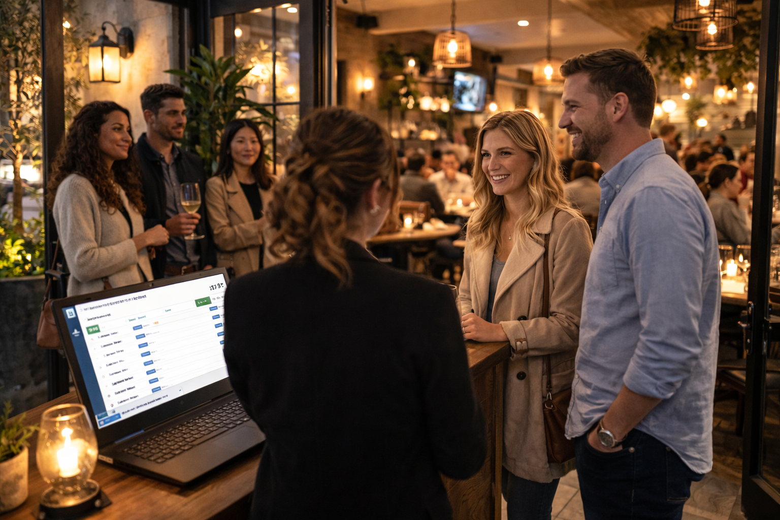 A young, brown-haired woman greets a couple to check them in at the hostess stand of a restaurant.  A group of three people stands waiting by the door.  EnRoute is on the screen of the laptop.
