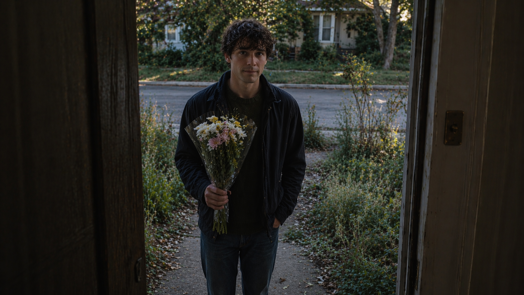 A young man stands in the darkened doorway of a house holding a bouquet of flowers. Behind him, the yard is overgrown and the sunlight is muted by trees. He looks nervous.