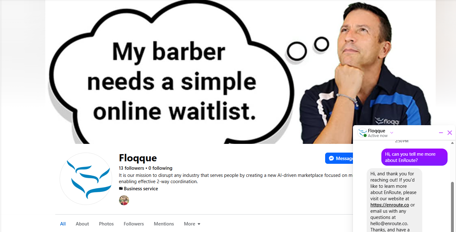 Screenshot of the Floqque Facebook page using Meta's Auto Reply tool for Messenger.