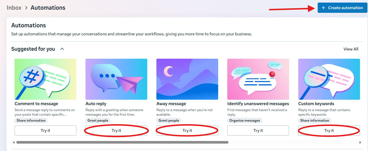 Meta Business Suite Automations page showing the Create automation button and suggested autoresponder templates like Auto reply and Away message