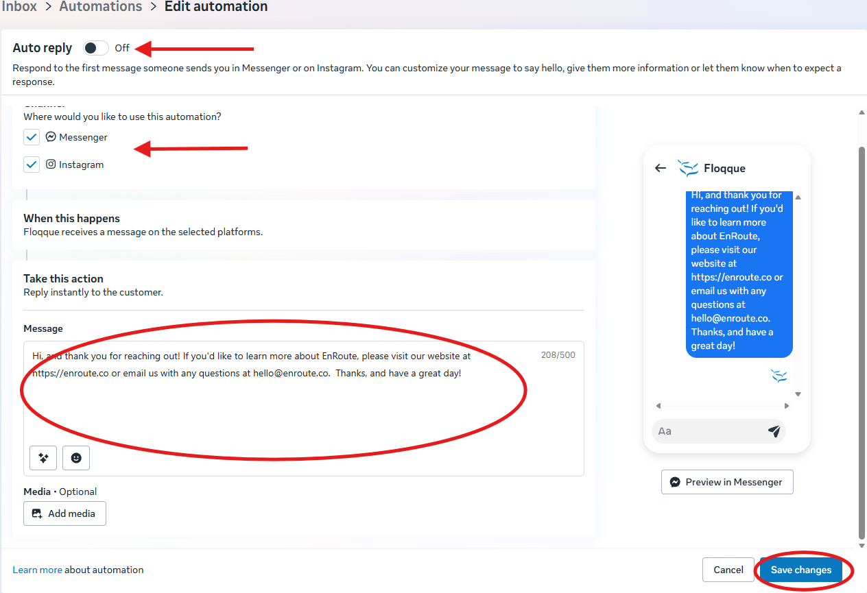 Meta Business Suite Auto Reply editor showing channel selection, message box with character count, and a live preview of the autoresponder message