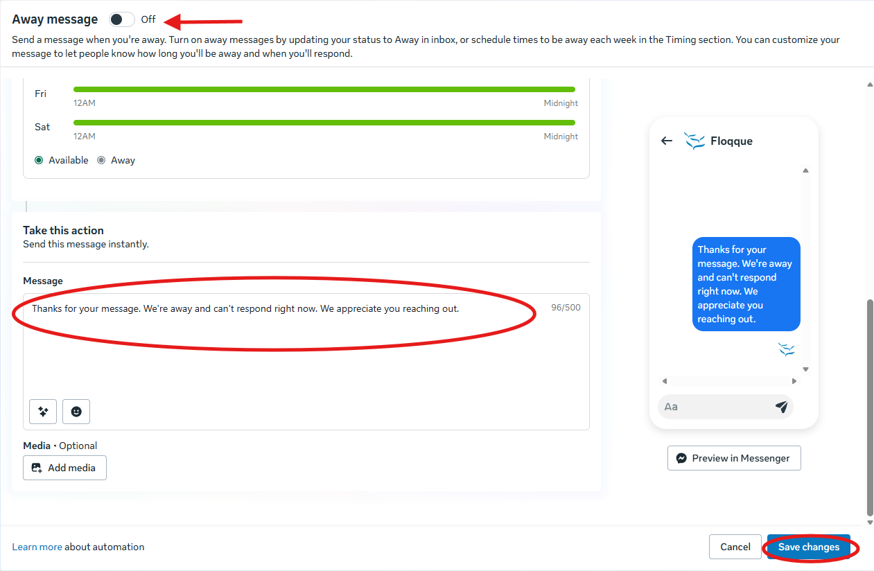 Meta Business Suite Away Message message editor and preview panel