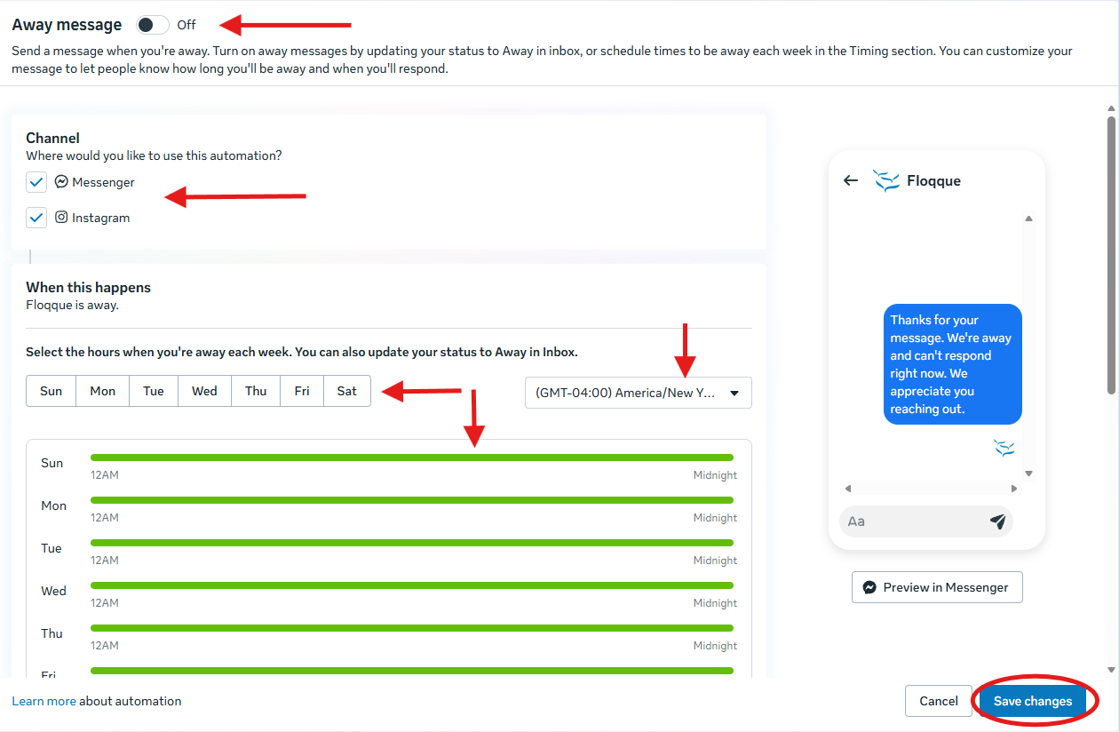 Meta Business Suite Away Message editor showing channel selection