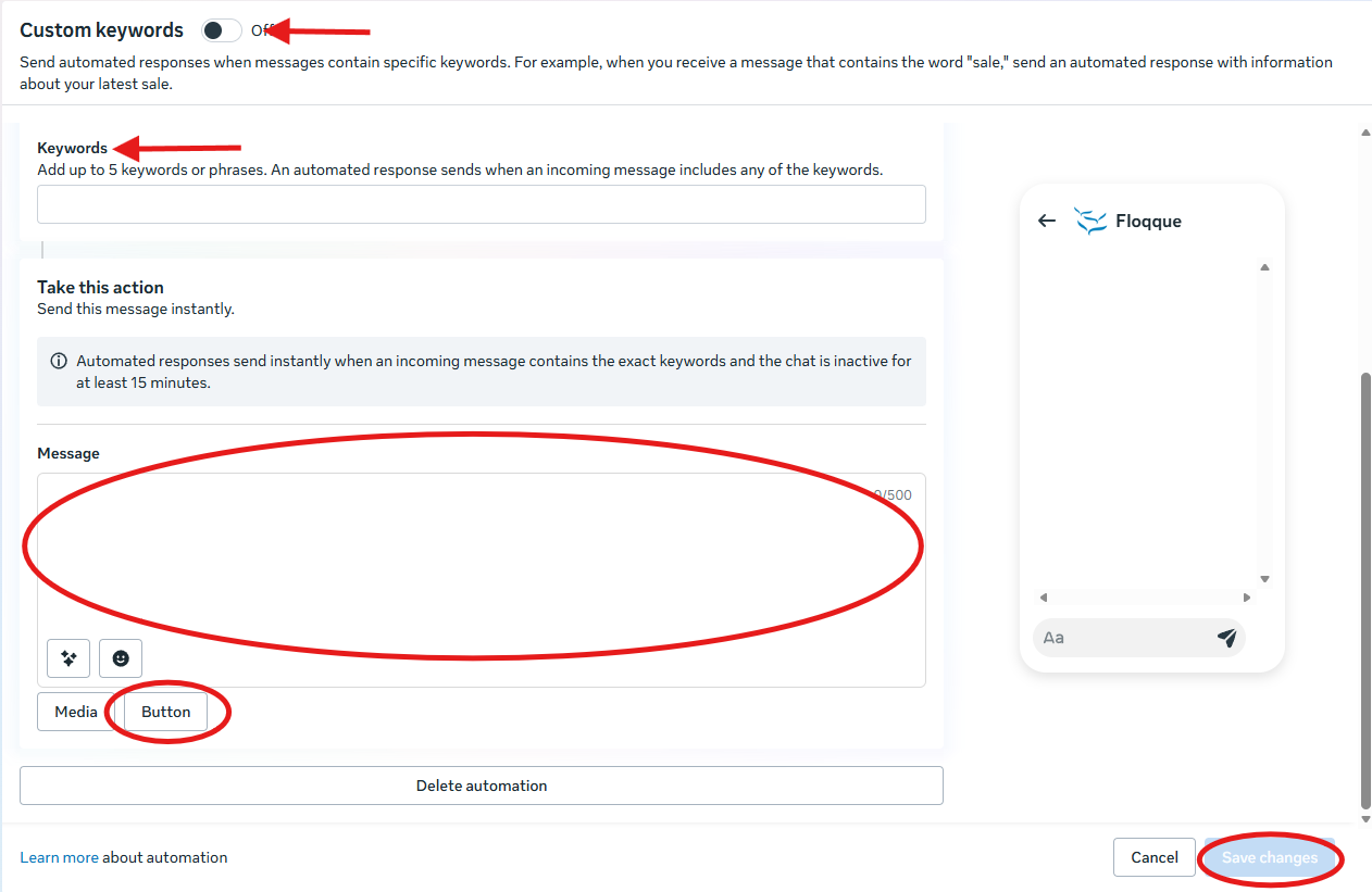 Meta Business Suite Custom Keywords automation showing the message box, and Media and Button options