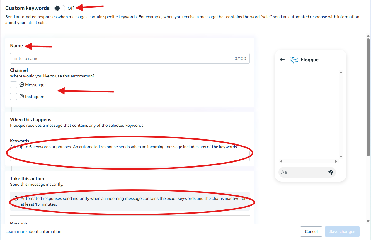 Meta Business Suite Custom Keywords setup showing the automation name