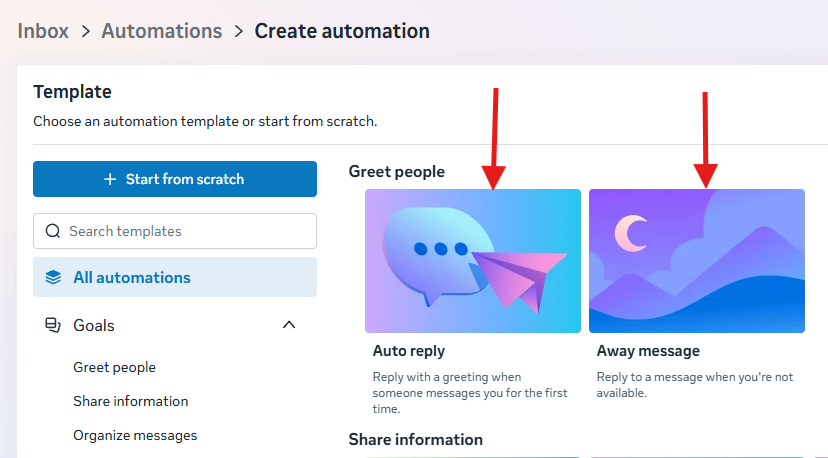 Meta Business Suite template picker showing Auto reply and Away message options under Greet people
