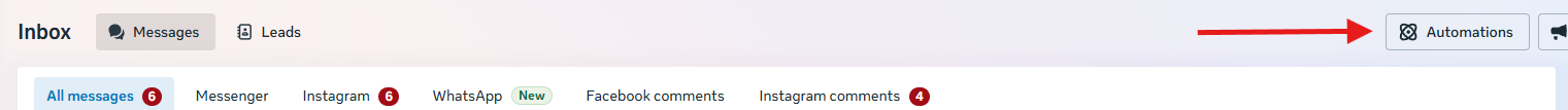 Meta Business Suite Inbox screen with the Automations button in the top right corner
