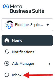 Meta Business Suite left-hand menu showing Home, Notifications, Ads Manager, and Inbox