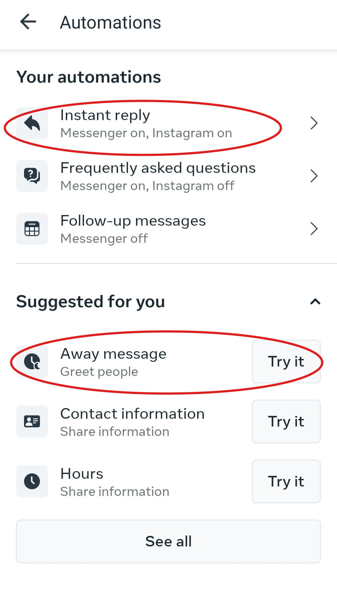 Meta Business Suite Android mobile Automations screen listing existing automations and suggested templates with Try it buttons