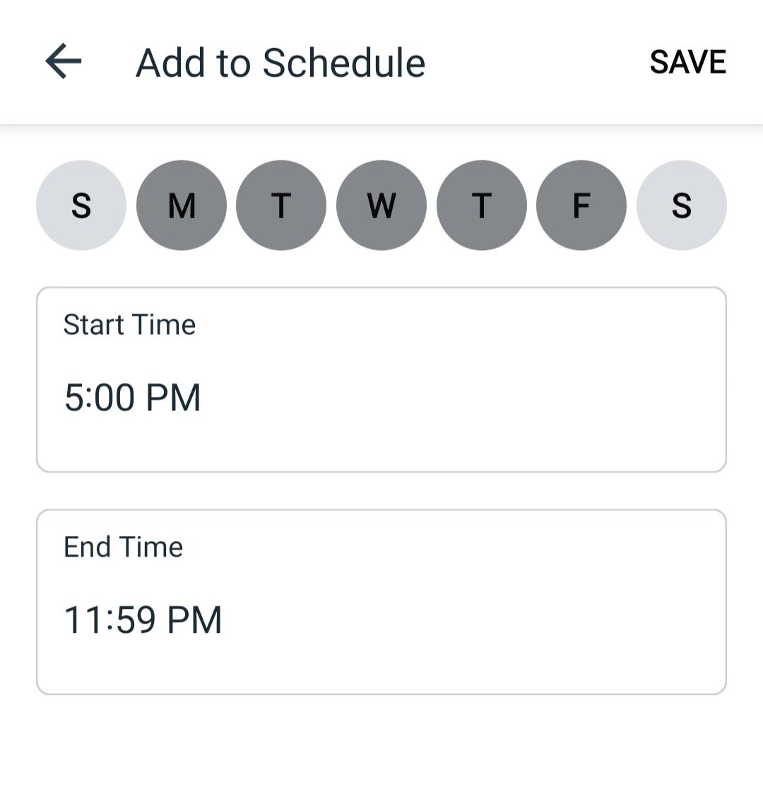 Meta Business Suite Android mobile Away Message schedule showing evening hours set to Away
