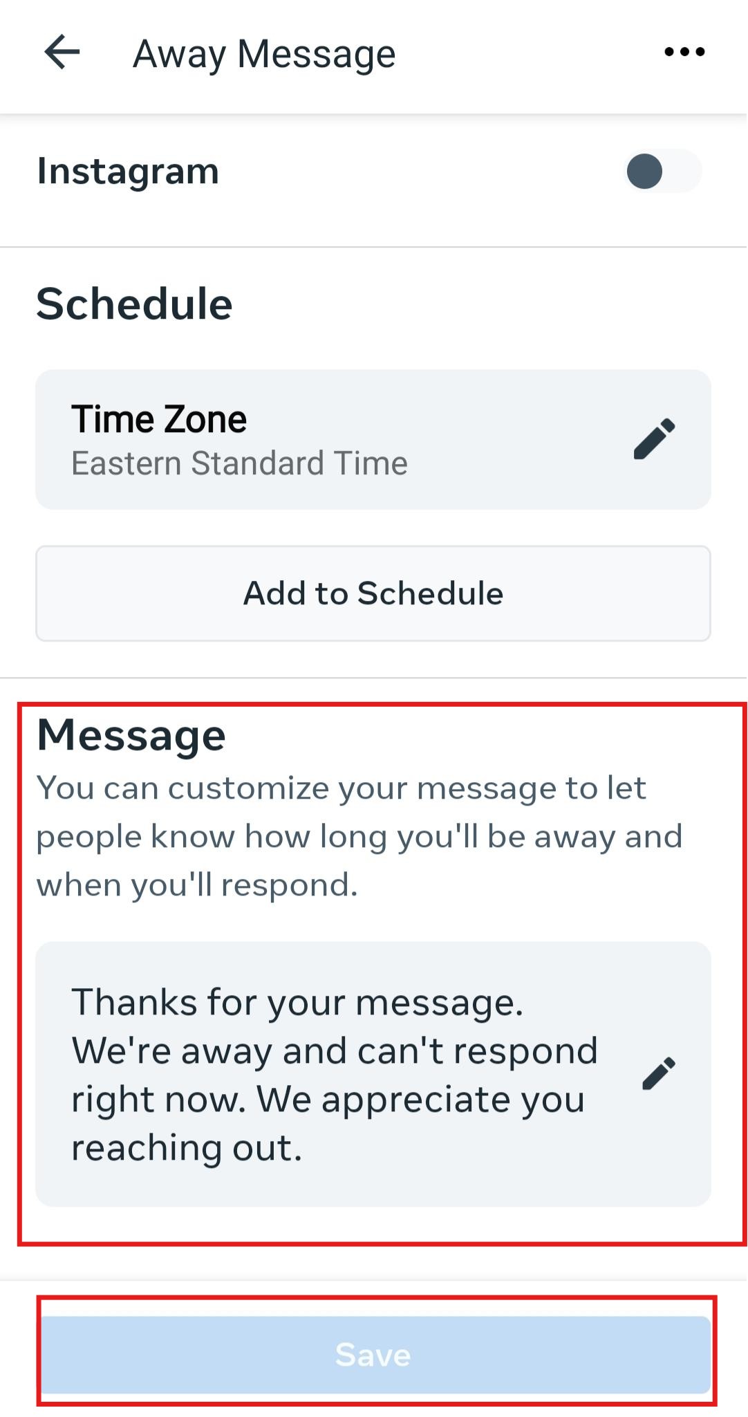 Meta Business Suite Android mobile Away Message editor with message box and blue save button visible together
