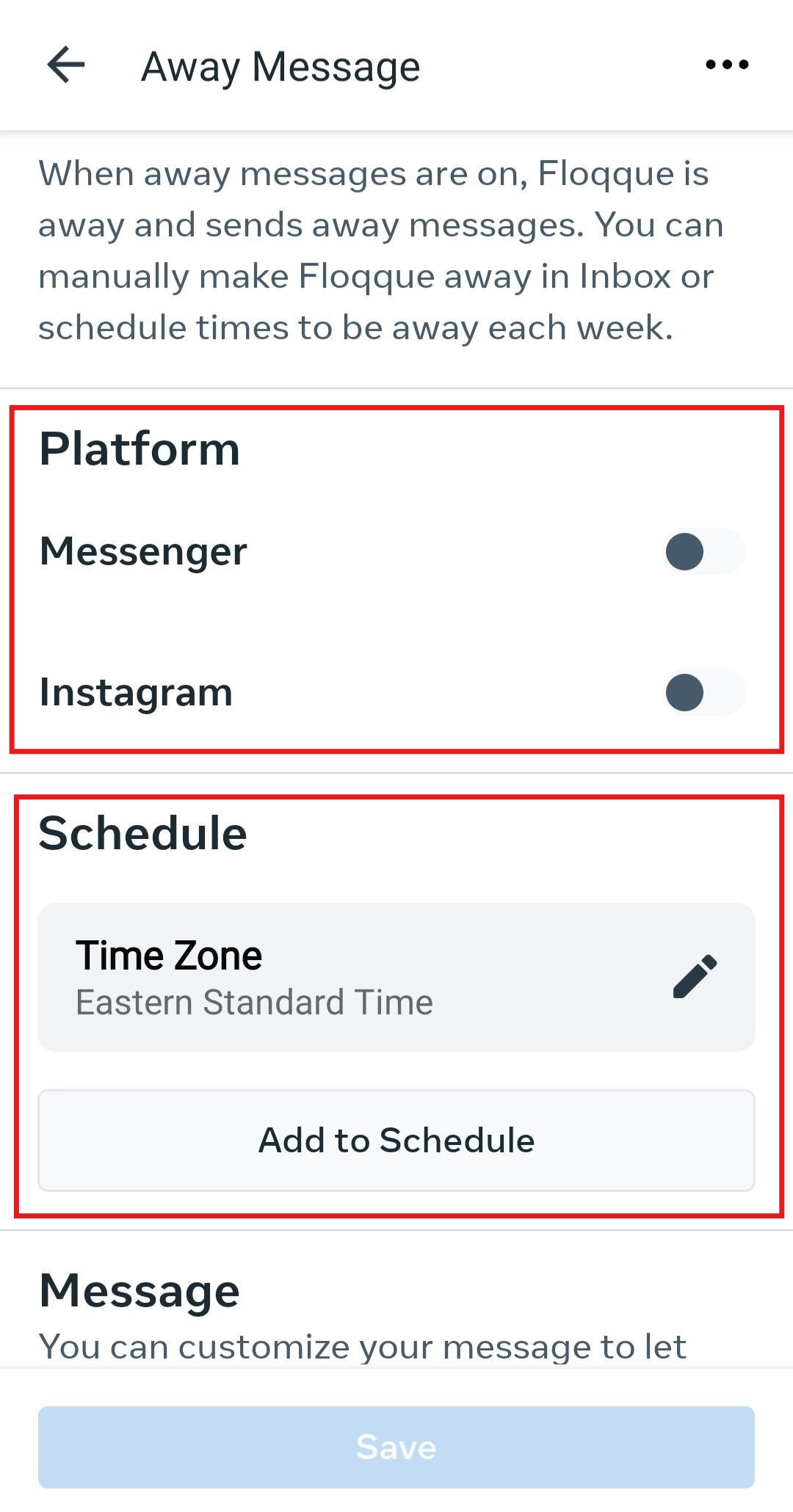 Meta Business Suite Android mobile Away Message editor with platform toggle 