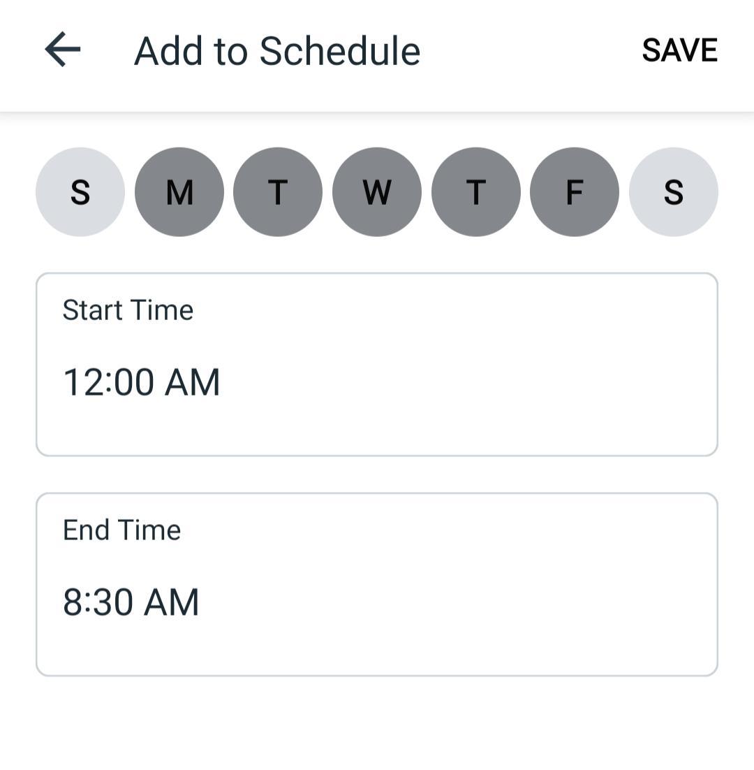 Meta Business Suite Android mobile Away Message schedule showing morning hours set to unavailable