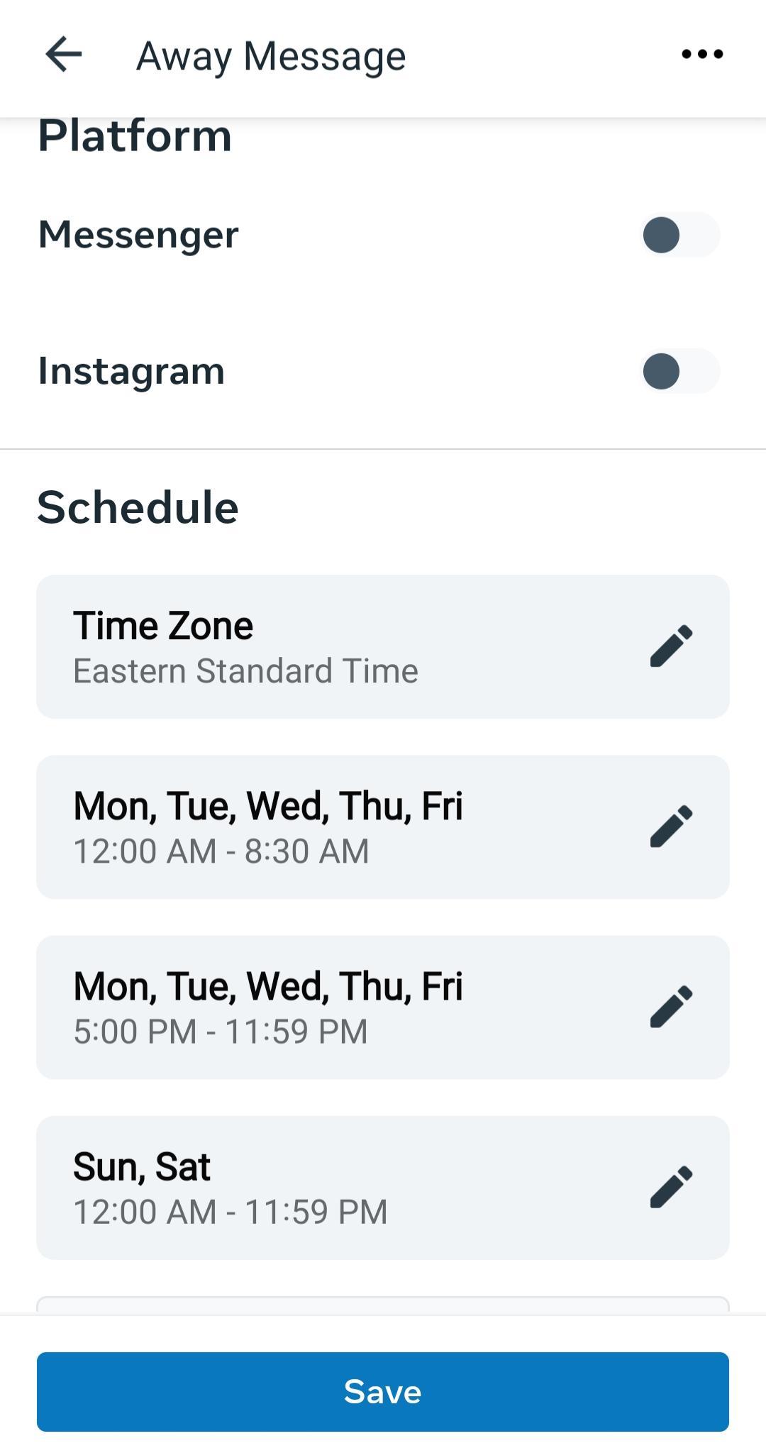 Meta Business Suite Android mobile Away Message weekly schedule