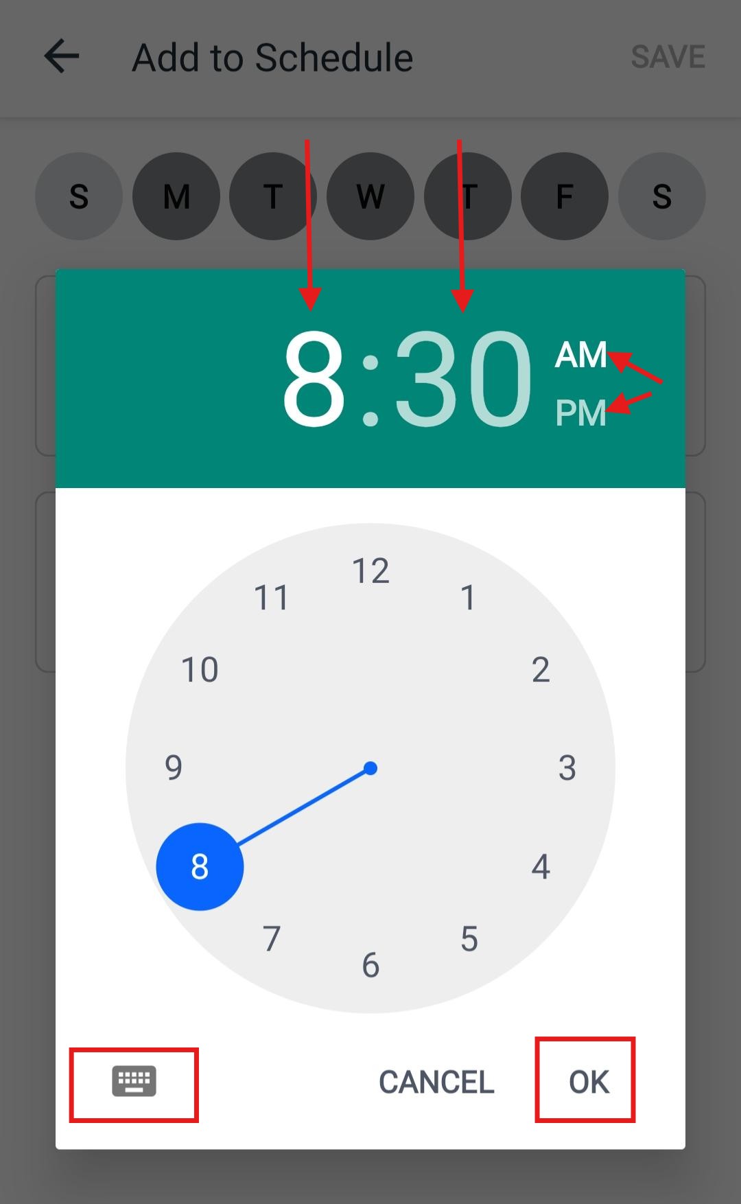 Meta Business Suite Android mobile time picker clock face for setting Away Message hours