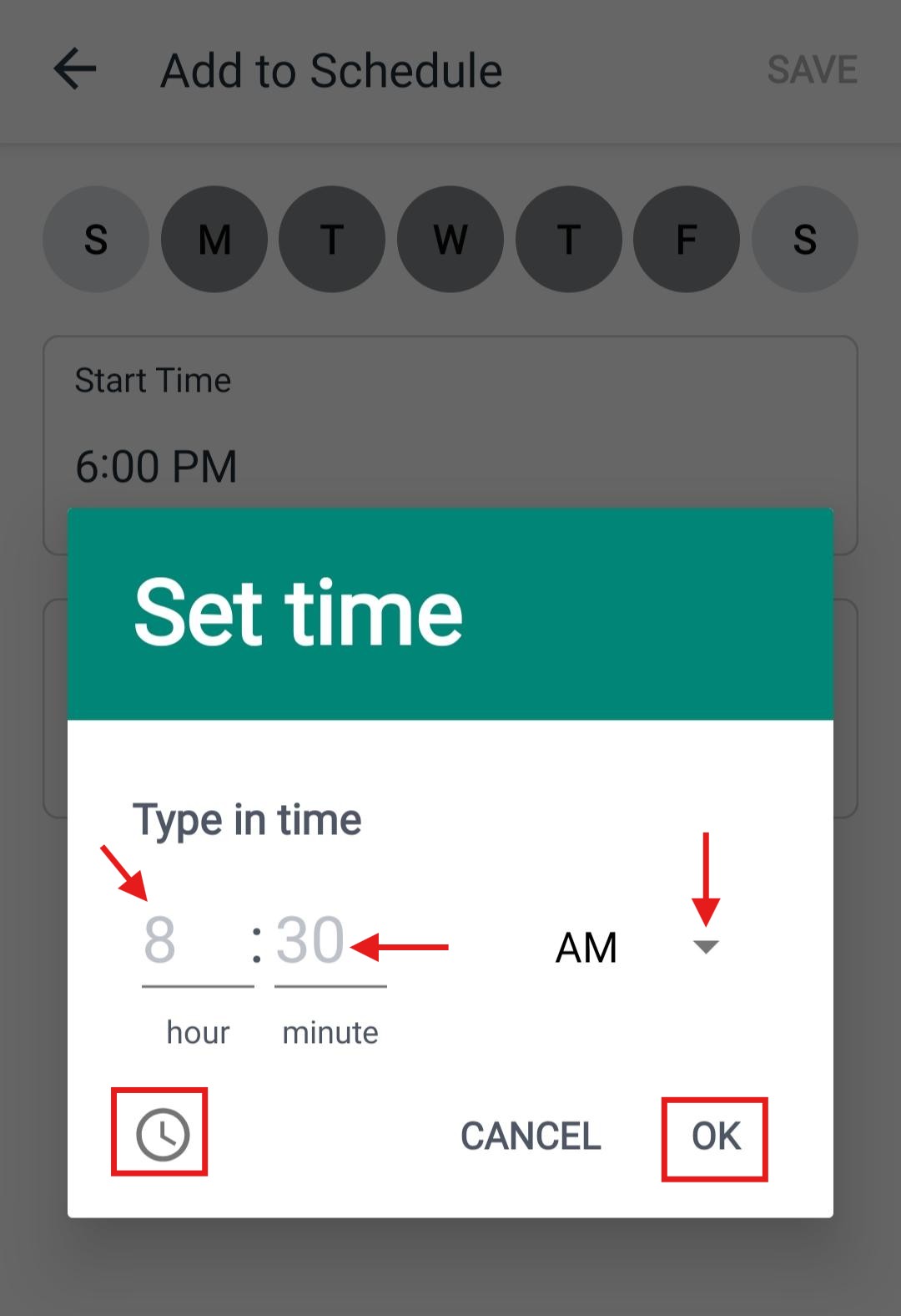 Meta Business Suite Android mobile time picker with a manual type-in option for Away Message hours