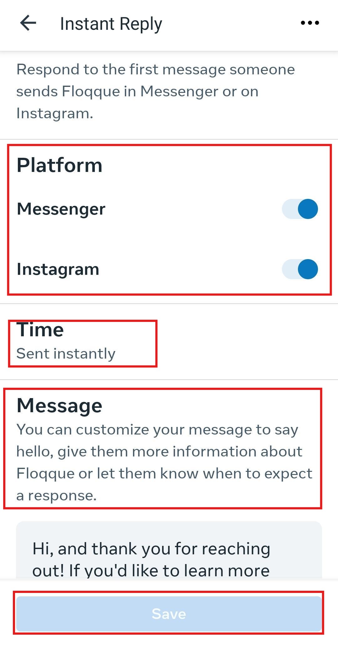 Meta Business Suite Android mobile Instant Reply editor with platform toggle and autoresponder message