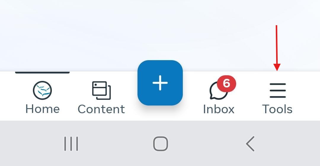 Meta Business Suite Android mobile app bottom navigation bar showing Home, Content, Inbox, and Tools