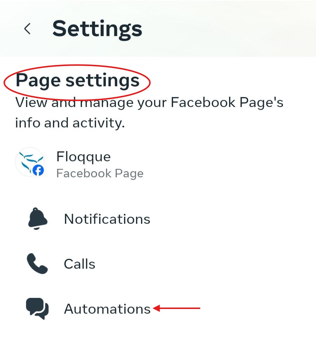 Meta Business Suite Android mobile Page settings screen showing Notifications, Calls, and Automations