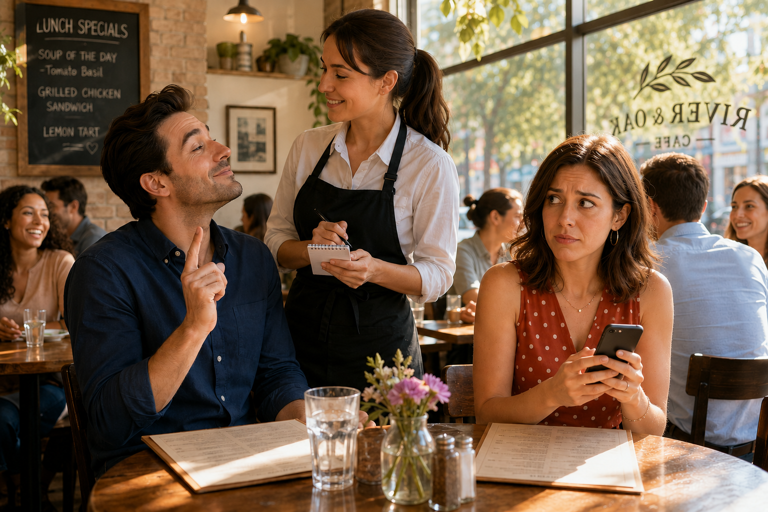 A man with a smug expression orders from a cafe server while his date texts on her phone, looking worried.